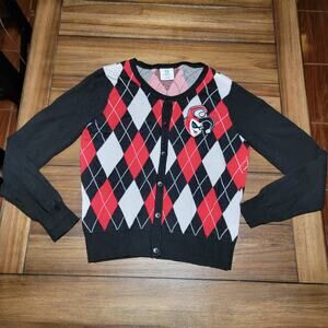 DC Comics Varsity Style Knit LS Full Button Sweater Harley Quinn - Junior Large
